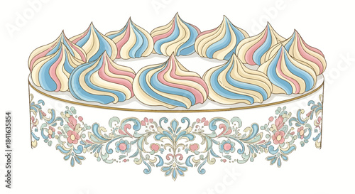 Delicate swirl cake with pastel hues and floral ornamentation evoking nostalgia