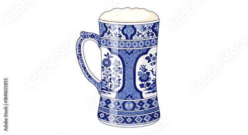 Delicate vintage porcelain beer mug with floral patterns and geometric designs showcases a unique