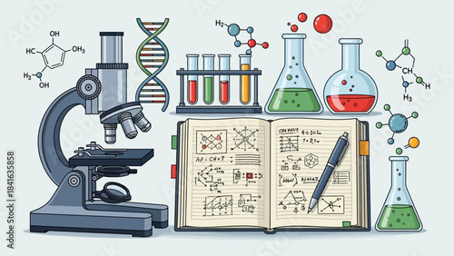 Scientific Laboratory Equipment and Research Notebook Representing Scientific Discovery