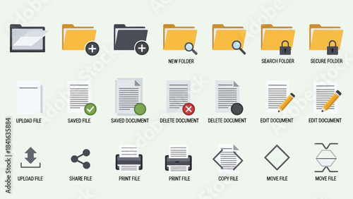 Essential icon set featuring file and folder operations for data management workflows