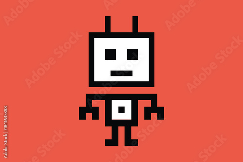 Cartoon of humanoid robot learning toy robotic engineer bot machine business vector character automation electronic background 8 bit artificial intelligence pixel art.