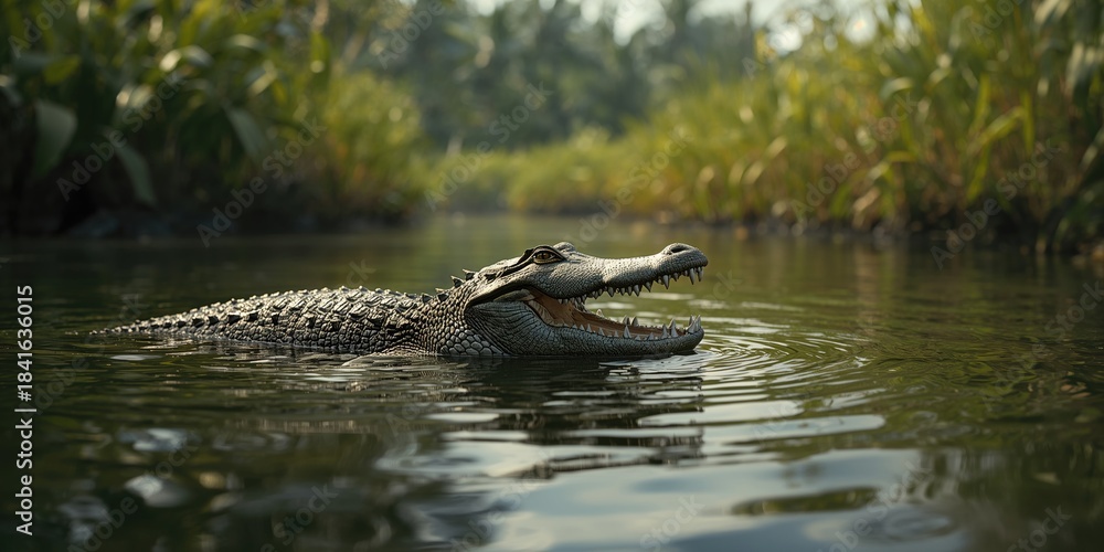 Fototapeta premium Wild crocodile near the waters edge preparing to hunt, focusing on predator activity