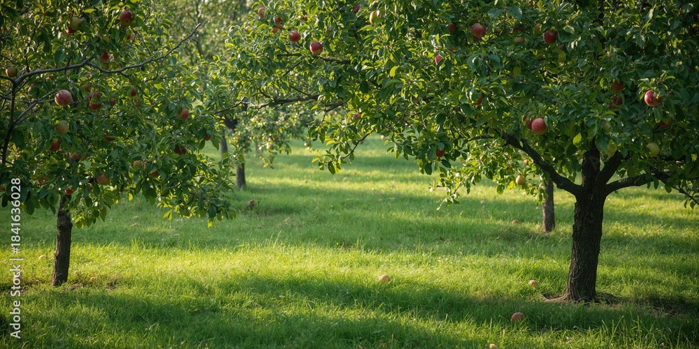 Naklejka premium Apple tree in orchard with a nearby pear tree, seasonal fruit growth