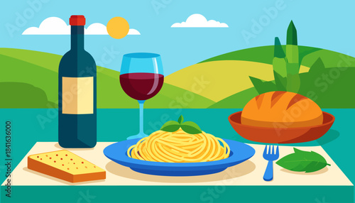 Delicious Italian meal with pasta, bread, wine, and cheese, set against a picturesque countryside landscape with rolling hills and sunshine