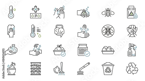 Collection of vector icons related to health safety and environmental responsibility measures to