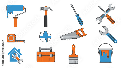 Vector Illustration Showcasing an Assortment of Cartoon Styled Renovation Tools and Equipment