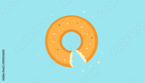 A vector illustration of a golden-brown bagel with a bite taken out, on a light blue background.