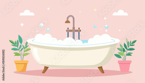 A cozy bathtub filled with bubbly water, surrounded by potted plants, on a pink background.