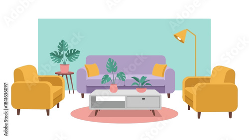 Modern living room interior design with pastel colored furniture and decoration creating a