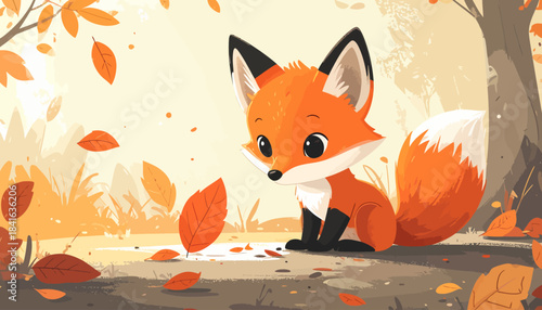 A charming cartoon baby fox with big eyes sits among fallen autumn leaves in a warm, whimsical forest setting.
