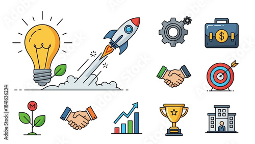 Colorful business vector icons representing entrepreneurship and successful teamwork with