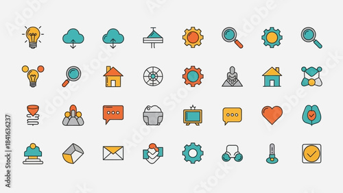 Colorful infographic icons representing various concepts and technologies on a light background