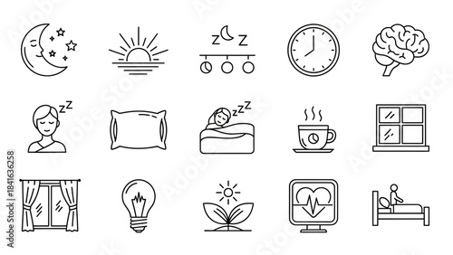 Collection of sleep and wellness icons symbolizing rest, relaxation, and healthy lifestyle habits