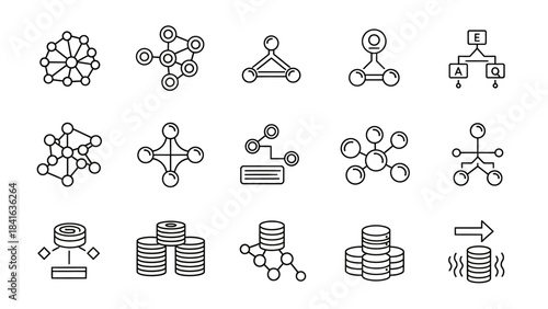Collection of abstract outline icons representing complex data relationships and structures