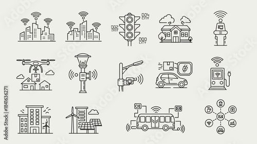 Line Art Depiction of Connected Smart City Elements and Technologies for Enhanced Urban Living