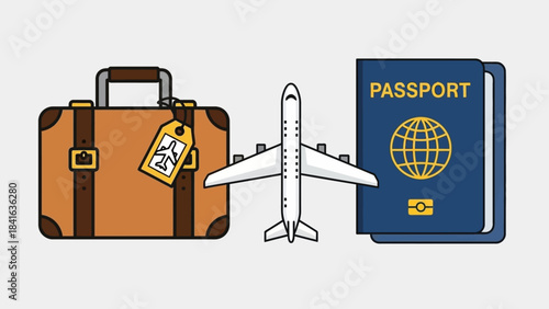 Aviation travel preparation with suitcase, airplane, and passport offering wanderlust for