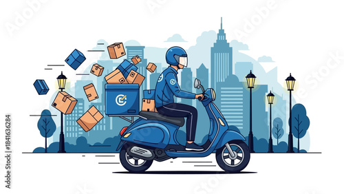 Fast delivery service with a modern scooter in an urban environment cityscape backdrop