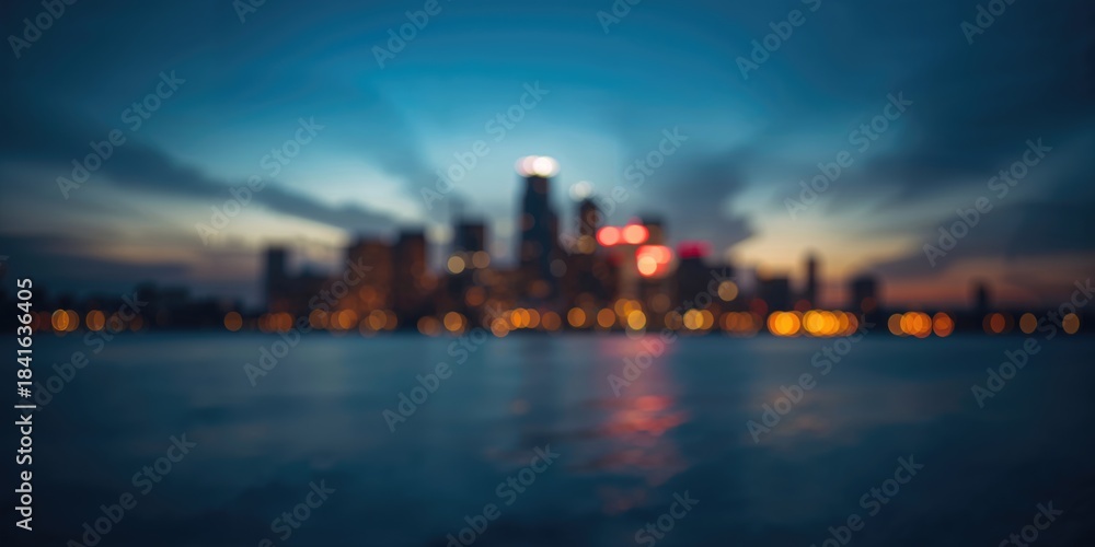 Fototapeta premium Blurred cityscape at night with illuminated buildings, serving as a background for urban layout design