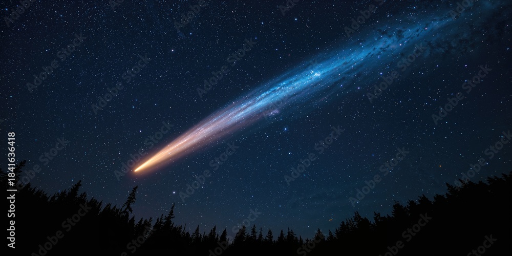 Obraz premium Comet streaks across a starry night sky during the Christmas season, with a glowing trail of light