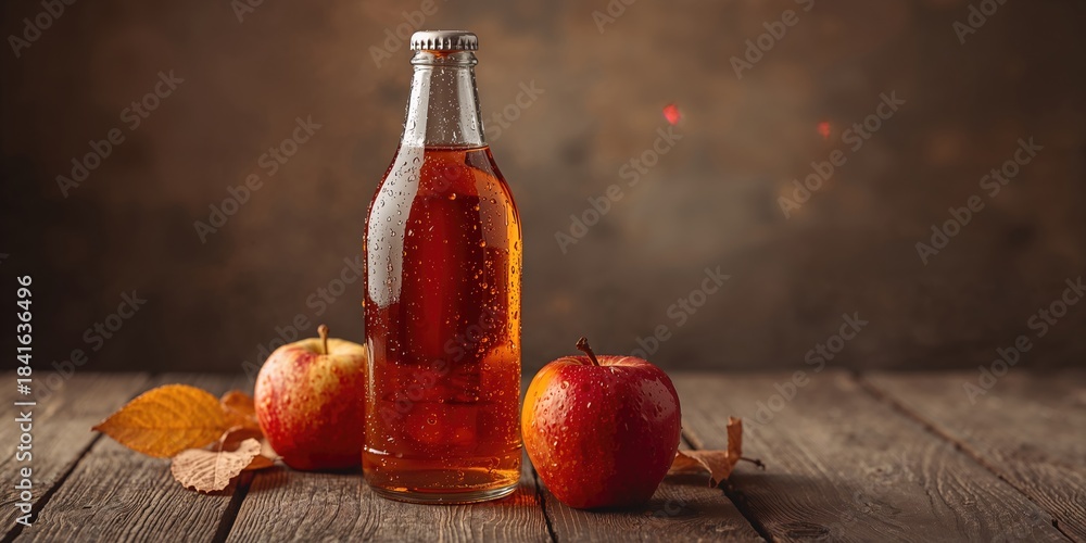Fototapeta premium Close-up of apple cider on vintage wooden table, textured glass and natural setting, Earth Day