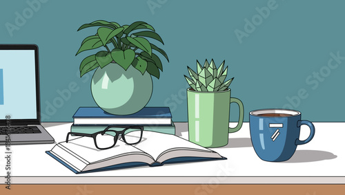 Illustration of workspace with laptop books glasses plant and cup of coffee for relaxation