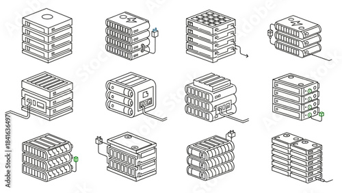 Isometric server stack line art icons representing data management and storage solutions