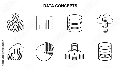 Various data concepts illustrating database management and analytics visualizations