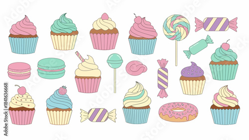 Delightful pastel sweets collection featuring cupcakes macarons lollipops and candies for design