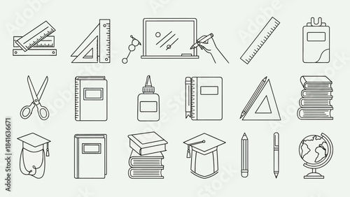 Minimalist school supplies illustration featuring education and academic icons, vector graphic