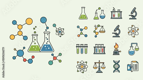 Scientific illustrations depicting laboratory equipment and molecular structures symbolizing