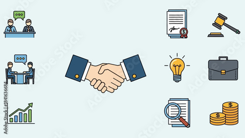 Iconic business elements showcasing deal making, collaboration and financial strategy
