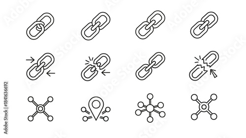 Diverse conceptual chain and connection icons for illustrating technology and networks minimal