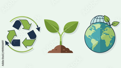Ecological sustainability icons representing recycling, growth, and planetary preservation