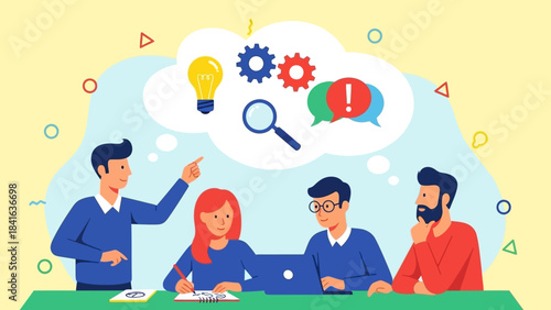 Diverse team brainstorming solutions, generating innovative ideas, and identifying potential