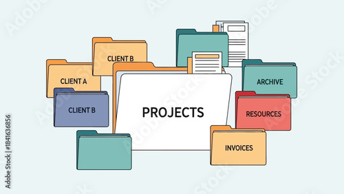 Efficient project management represented with organized digital file folders concept