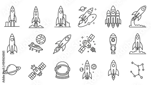 Collection of minimalist space exploration line art icons depicting rockets, satellites, planets