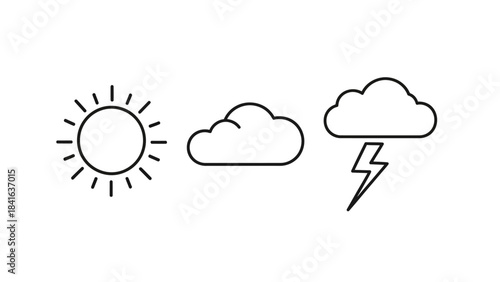 Weather pattern icons representing sunny cloudy and thunderstorm conditions in minimalist style
