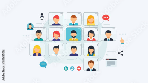 Virtual meeting with group of colleagues, remote communication concept using online platform,