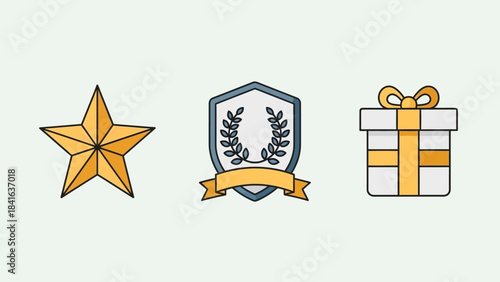 Stylized elements arrangement featuring a star, shield emblem and gift box for design usage