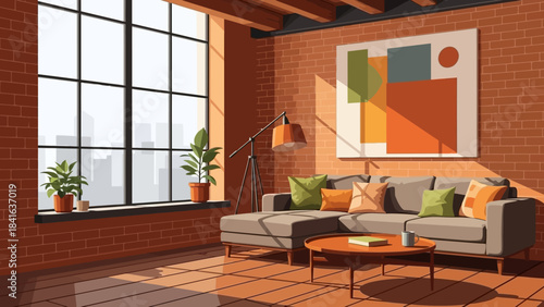 Serene modern living room illustration bathed in warm sunlight with abstract art and plants