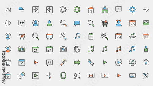 Collection of minimalistic UI icons representing diverse functions in a muted color palette