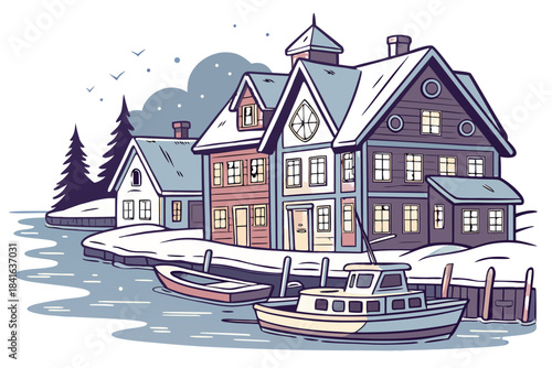 Fantasy winter harbor village with frozen water