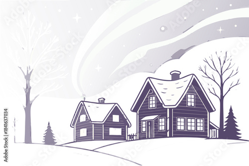 Enchanting winter village under glowing pastel auroras