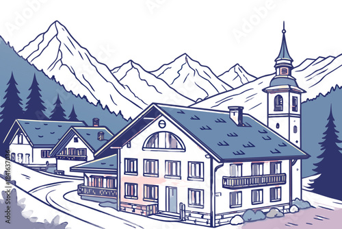 Fantasy alpine village with radiant sunrise hues, frosty rooftops glowing pink-blue, and magical twinkling sky particles, transparent background.