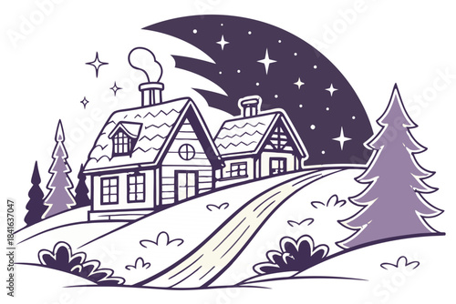 Magical snowy village on a hillside with glowing chimneys, neon-tinted night sky, and twinkling stars above, transparent background.