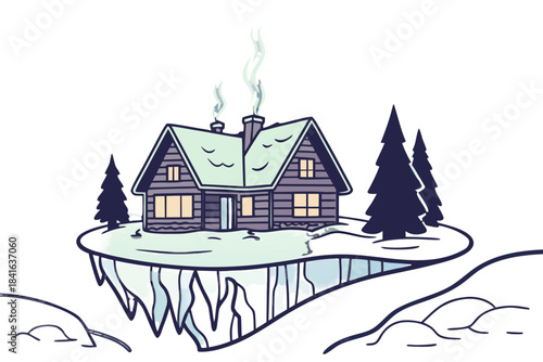 Winter village on a floating snowy island with glowing icicles underneath