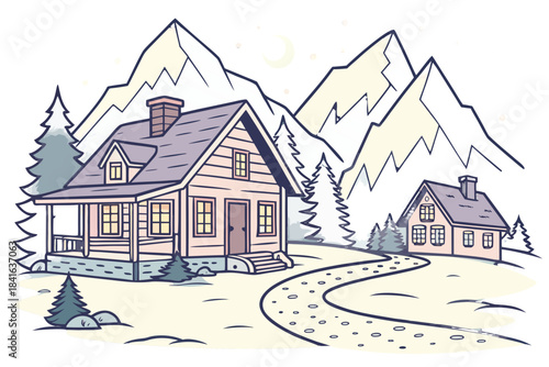 Mountain winter village with pastel-colored cabins, glowing lantern pathways, and shimmering snowy peaks in background, transparent background.