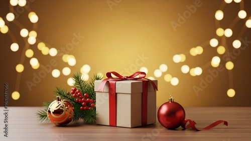 Christmas Gift Box with decoration and yellow bright background