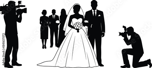 Wedding couple silhouette with photographers and guests bride and groom posing for photos ceremony scene vector illustration romantic marriage design