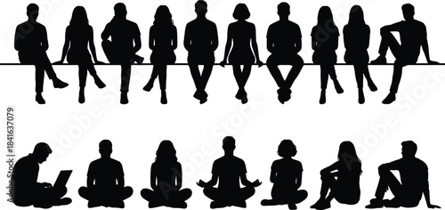 Silhouettes of diverse people sitting in various poses on bench and floor representing relaxation, mindfulness, modern lifestyle and social interaction concepts